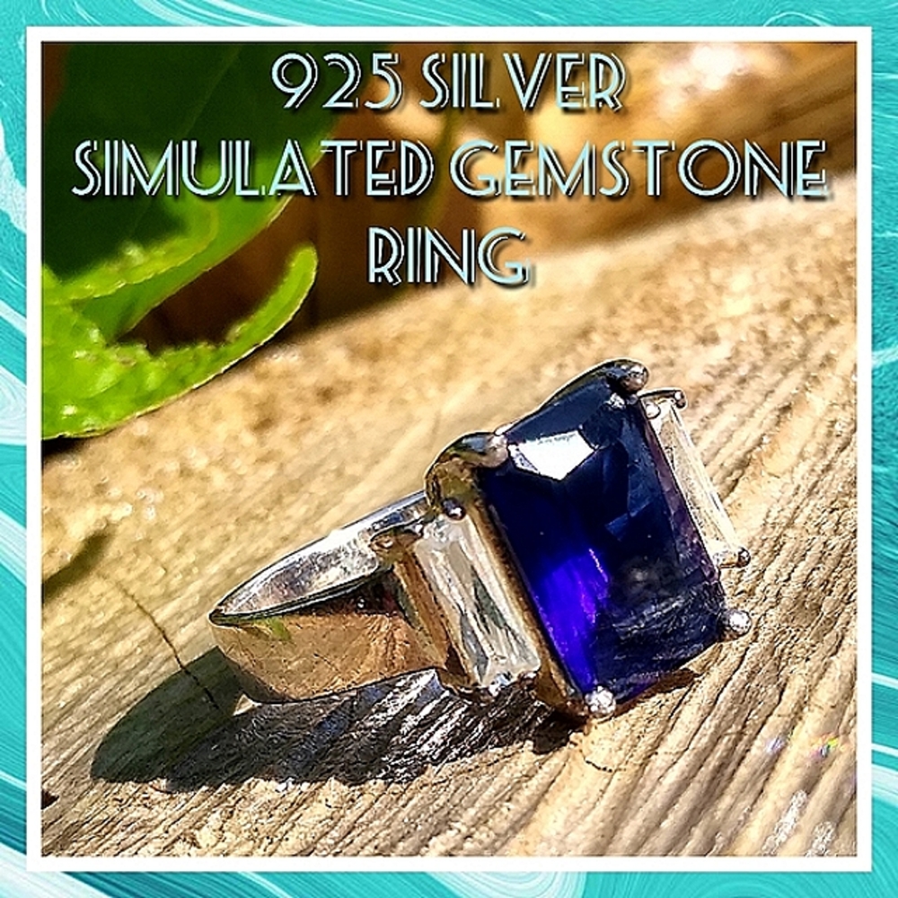 925 Silver Emerald Cut Simulated Gemstone Ring